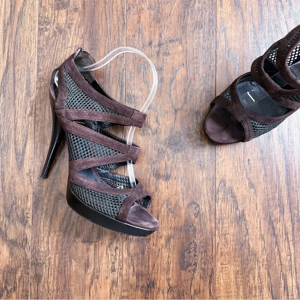 FENDI • Boudoir Sandals suede & mesh cage platform chocolate brown leather